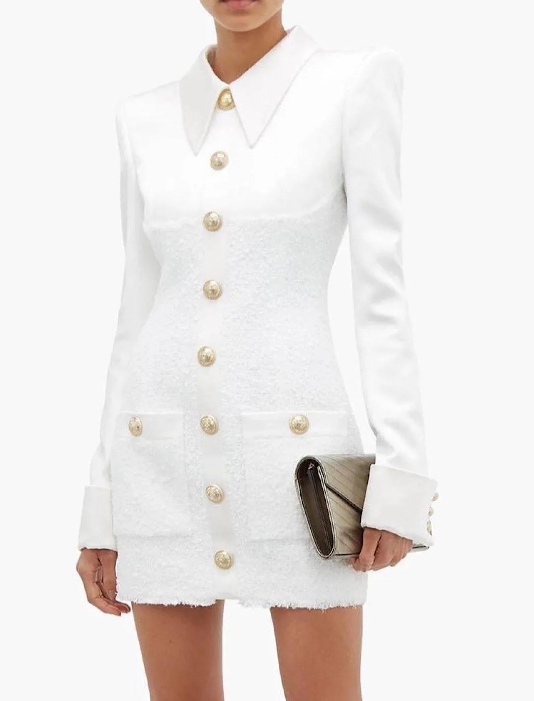 White Tweed Gold Button Dress