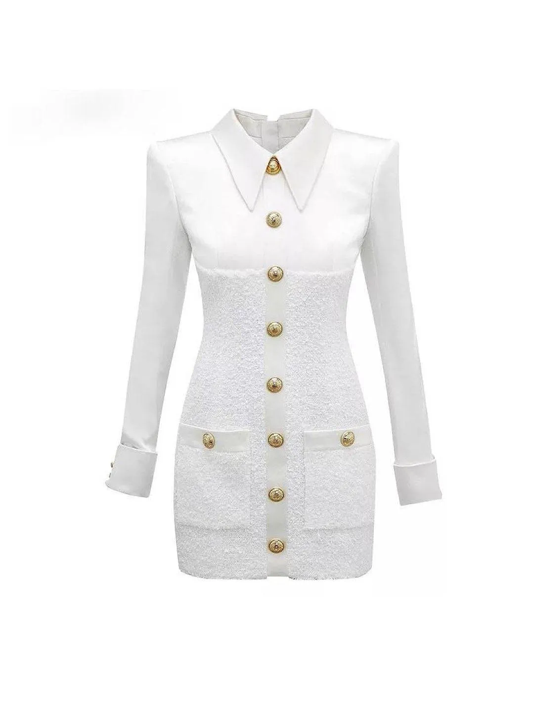 White Tweed Gold Button Dress