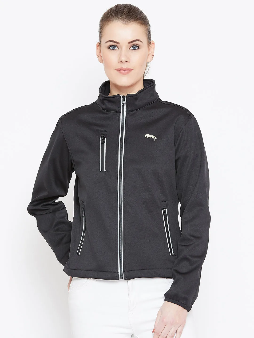 Women Black Solid Sporty Jacket