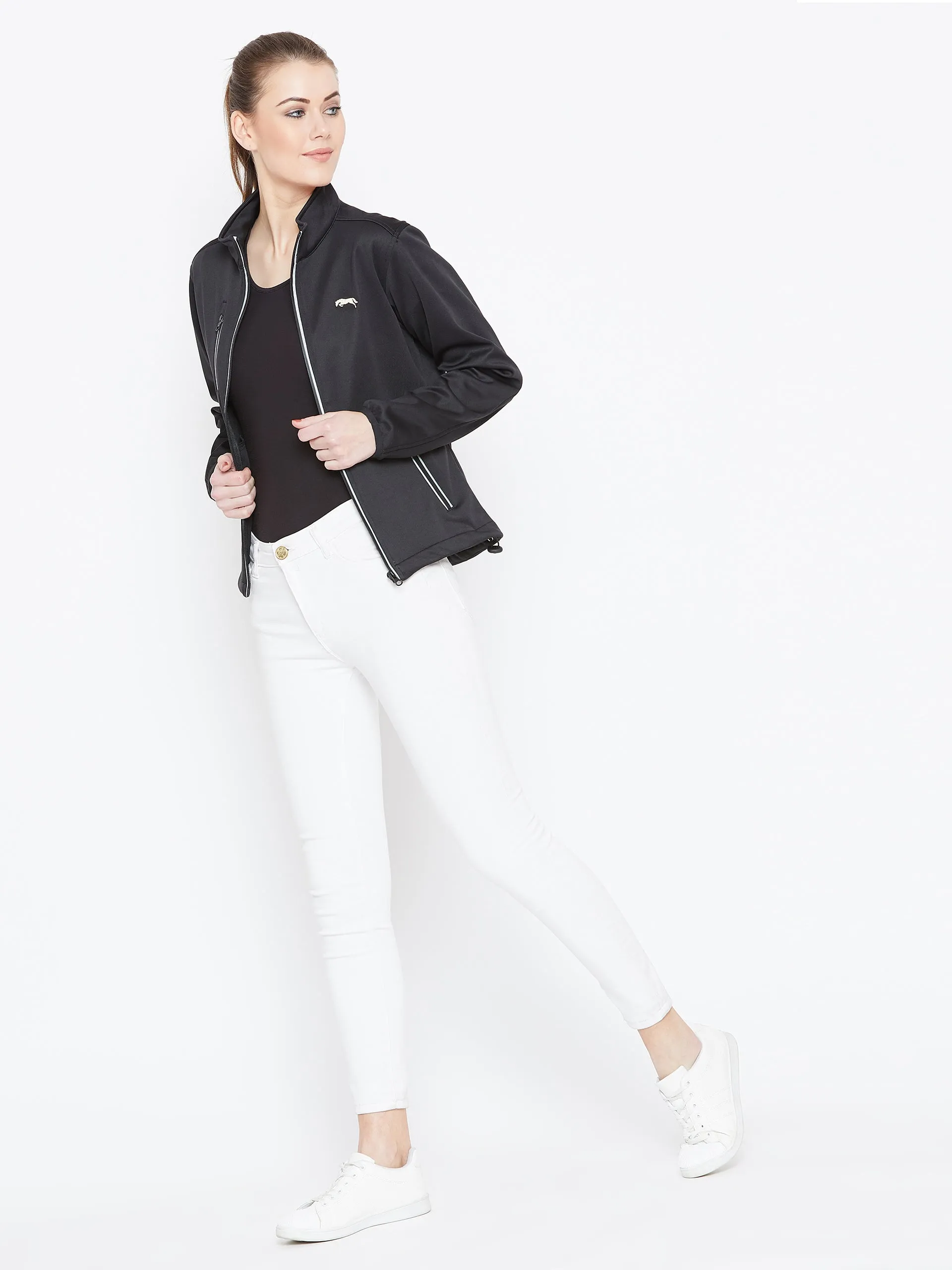 Women Black Solid Sporty Jacket