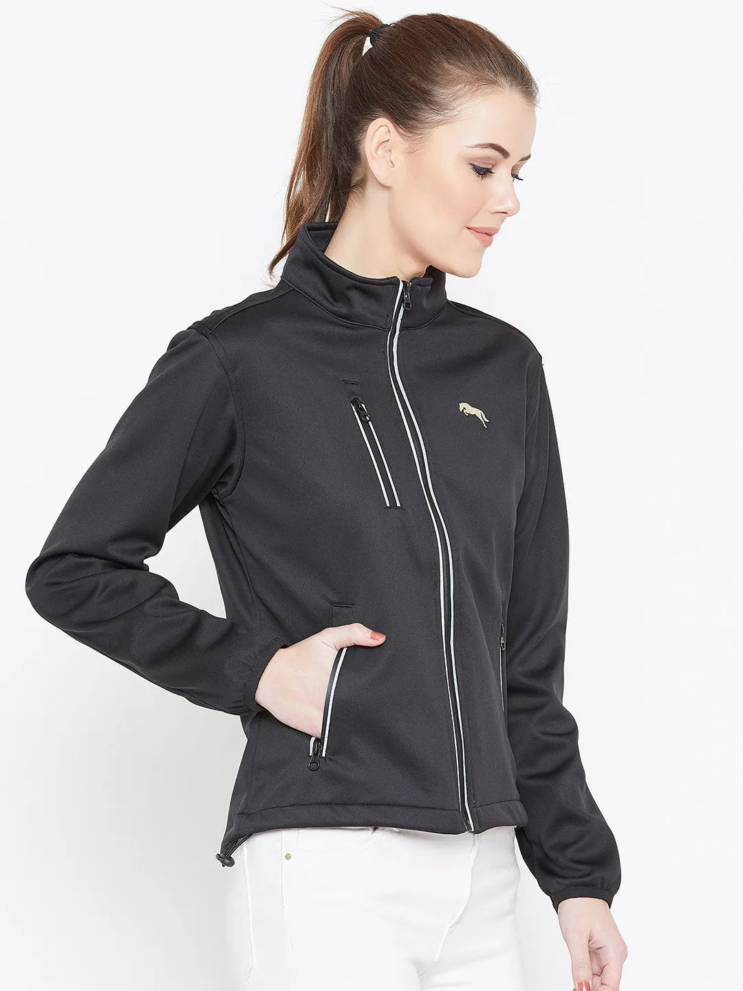 Women Black Solid Sporty Jacket