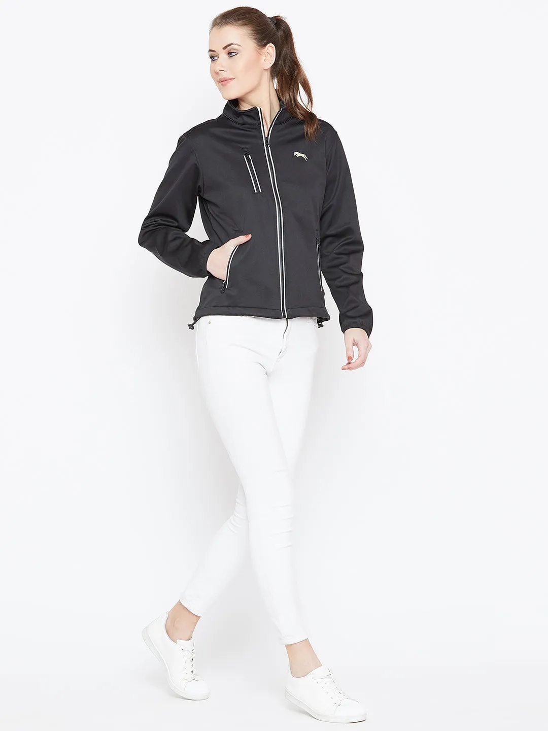 Women Black Solid Sporty Jacket