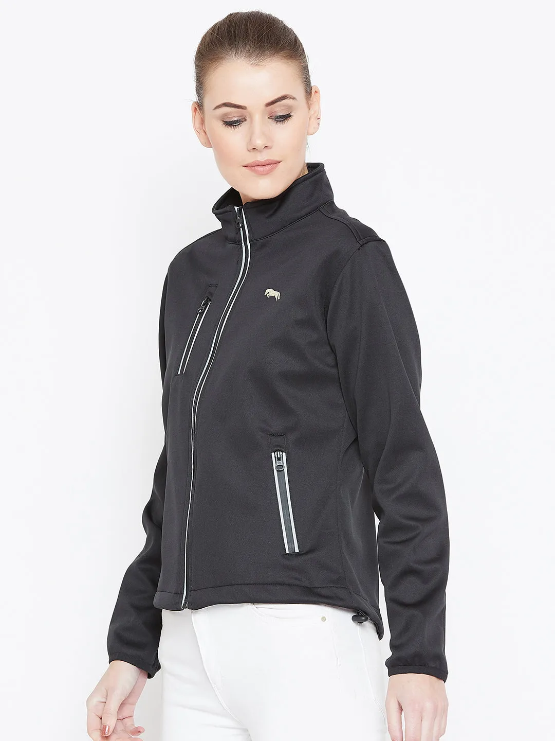 Women Black Solid Sporty Jacket