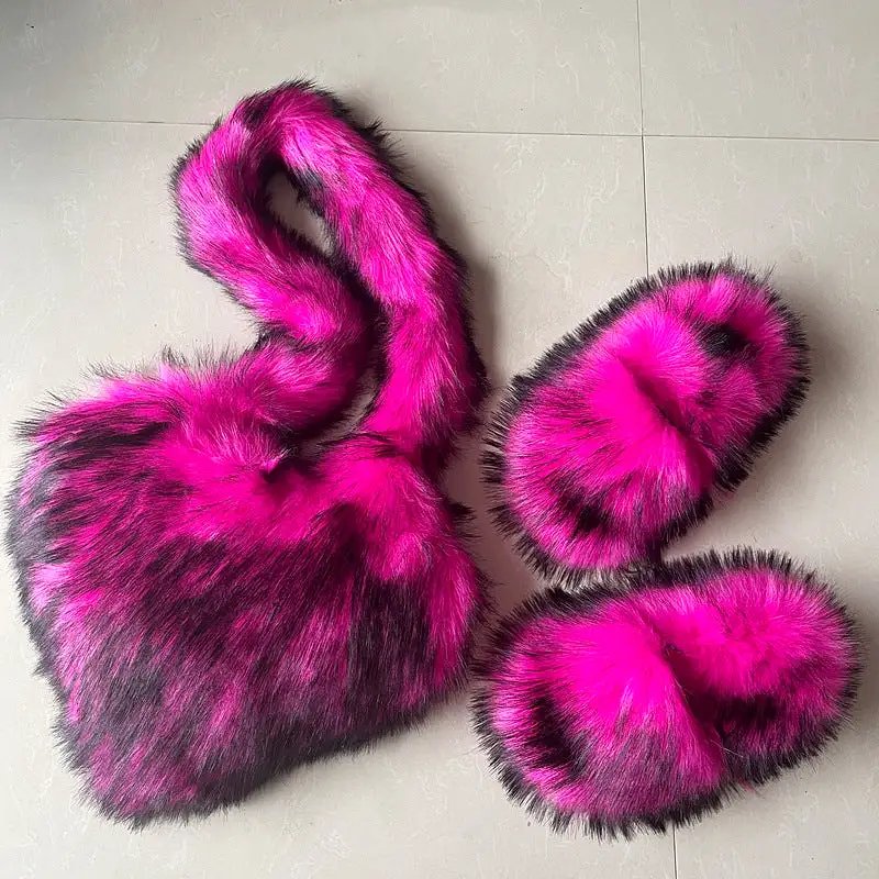 Women Fashion Furry Set Furry Slipper And Purse -Women Heart Bag Keep Warm Shoes