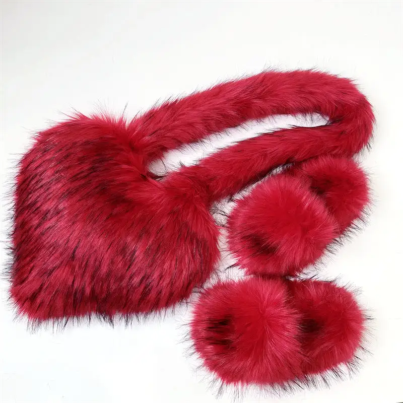 Women Fashion Furry Set Furry Slipper And Purse -Women Heart Bag Keep Warm Shoes