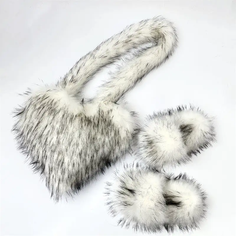 Women Fashion Furry Set Furry Slipper And Purse -Women Heart Bag Keep Warm Shoes