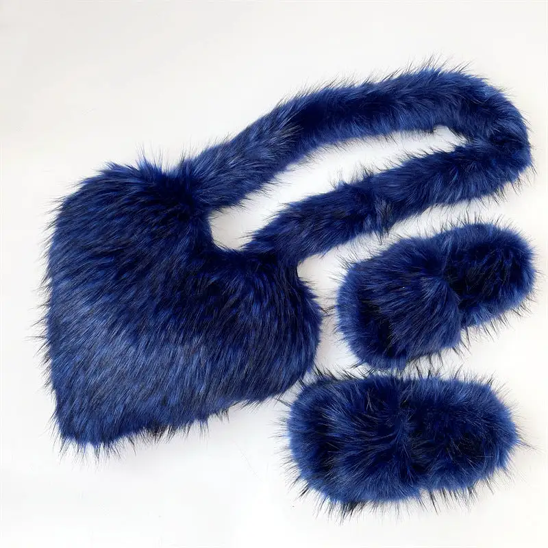 Women Fashion Furry Set Furry Slipper And Purse -Women Heart Bag Keep Warm Shoes