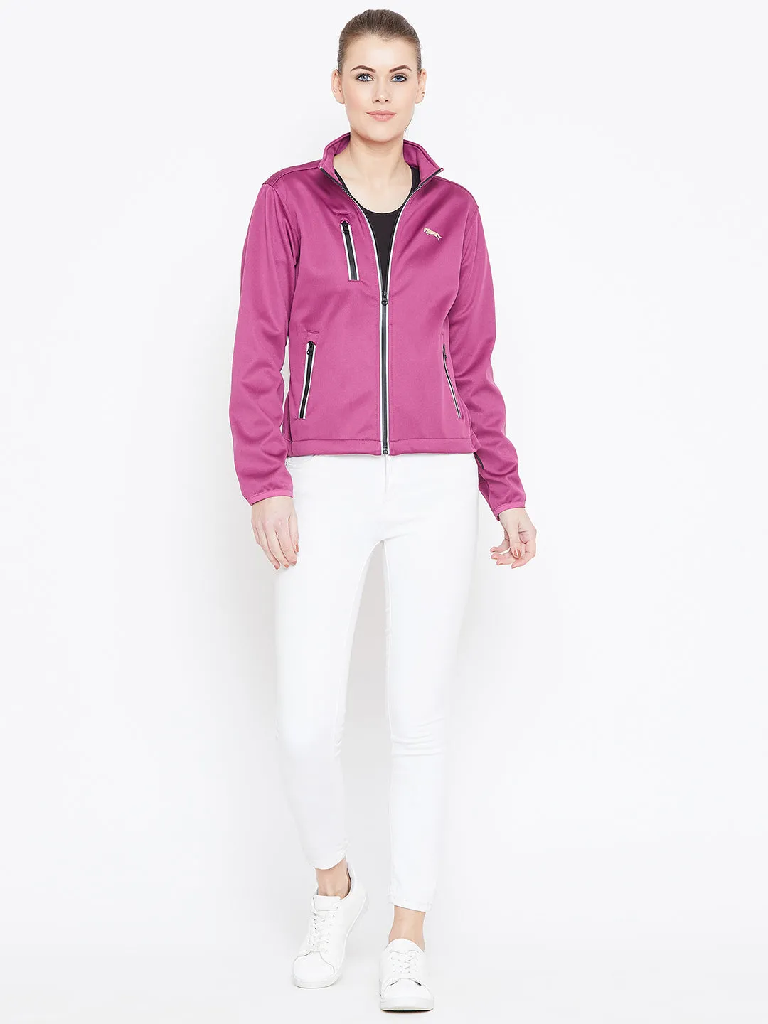 Women Maroon Solid Sporty Jacket