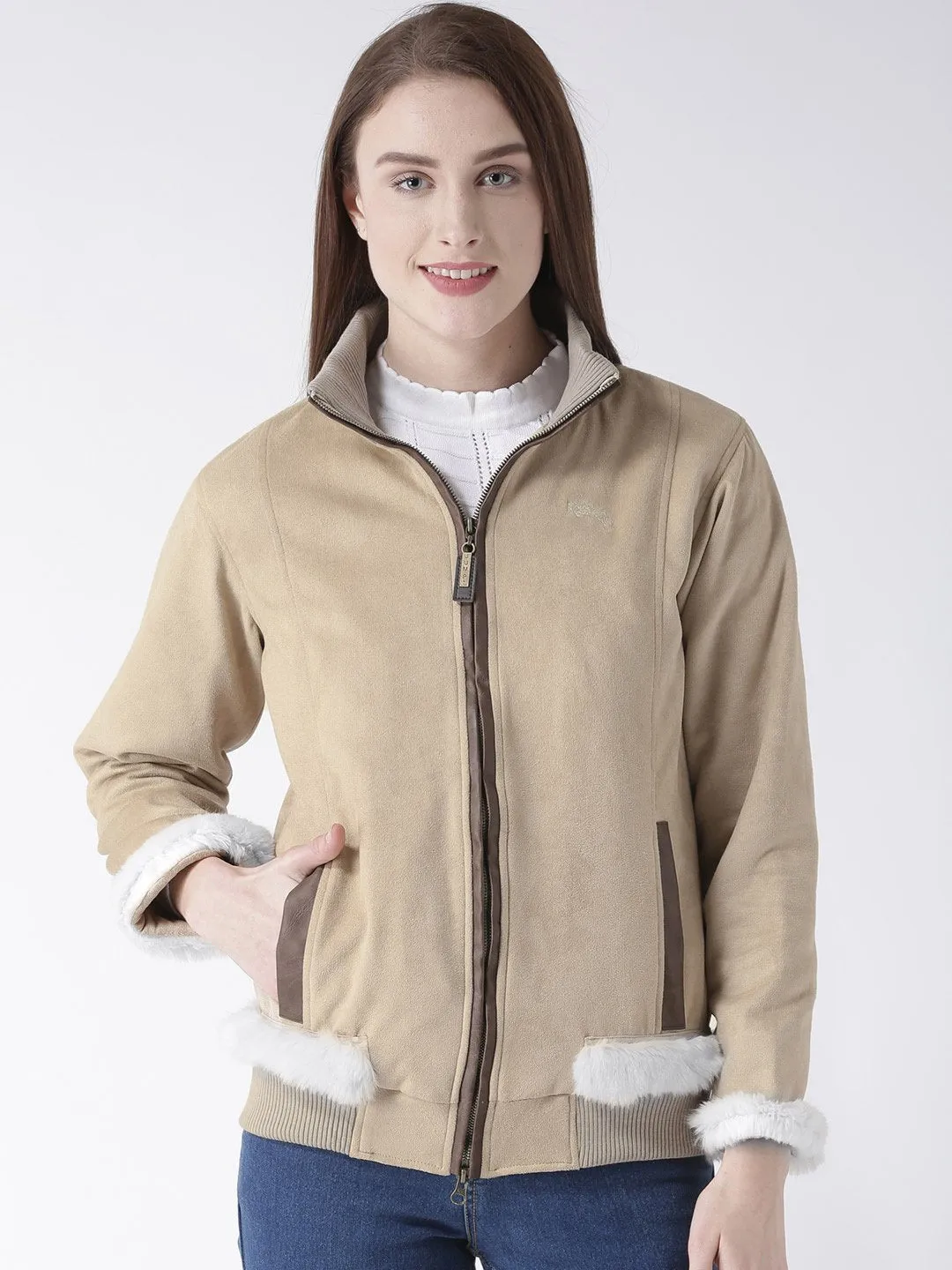 Women Polyster Casual Long Sleeve  Beige Winter Jacket