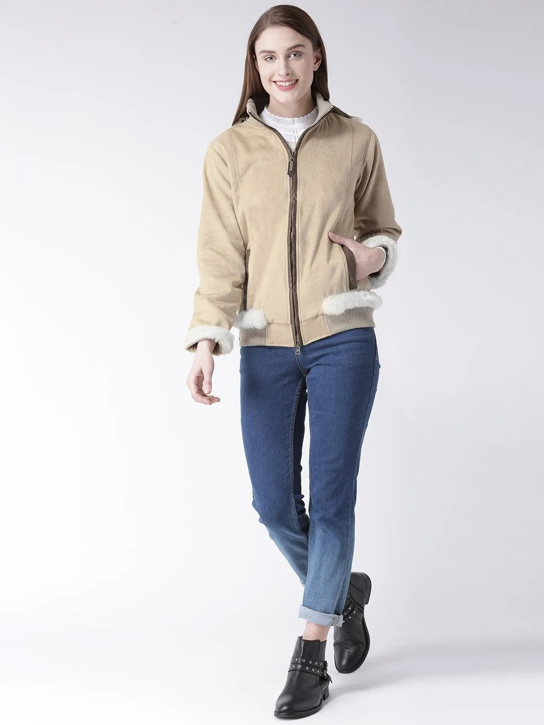 Women Polyster Casual Long Sleeve  Beige Winter Jacket