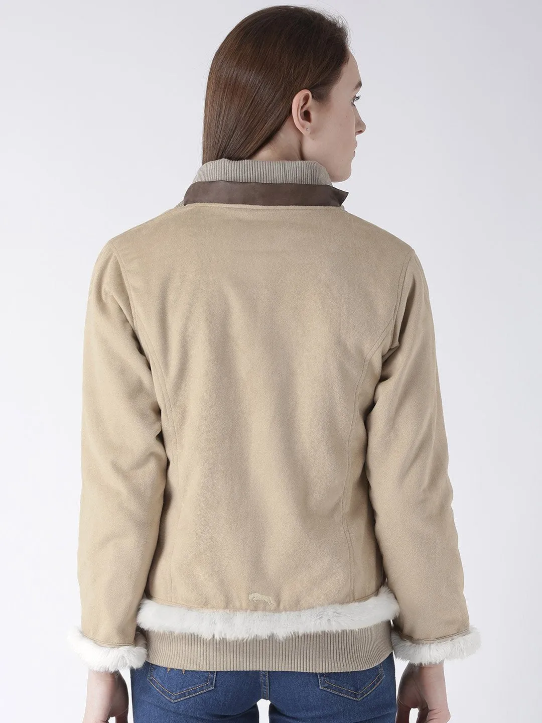 Women Polyster Casual Long Sleeve  Beige Winter Jacket