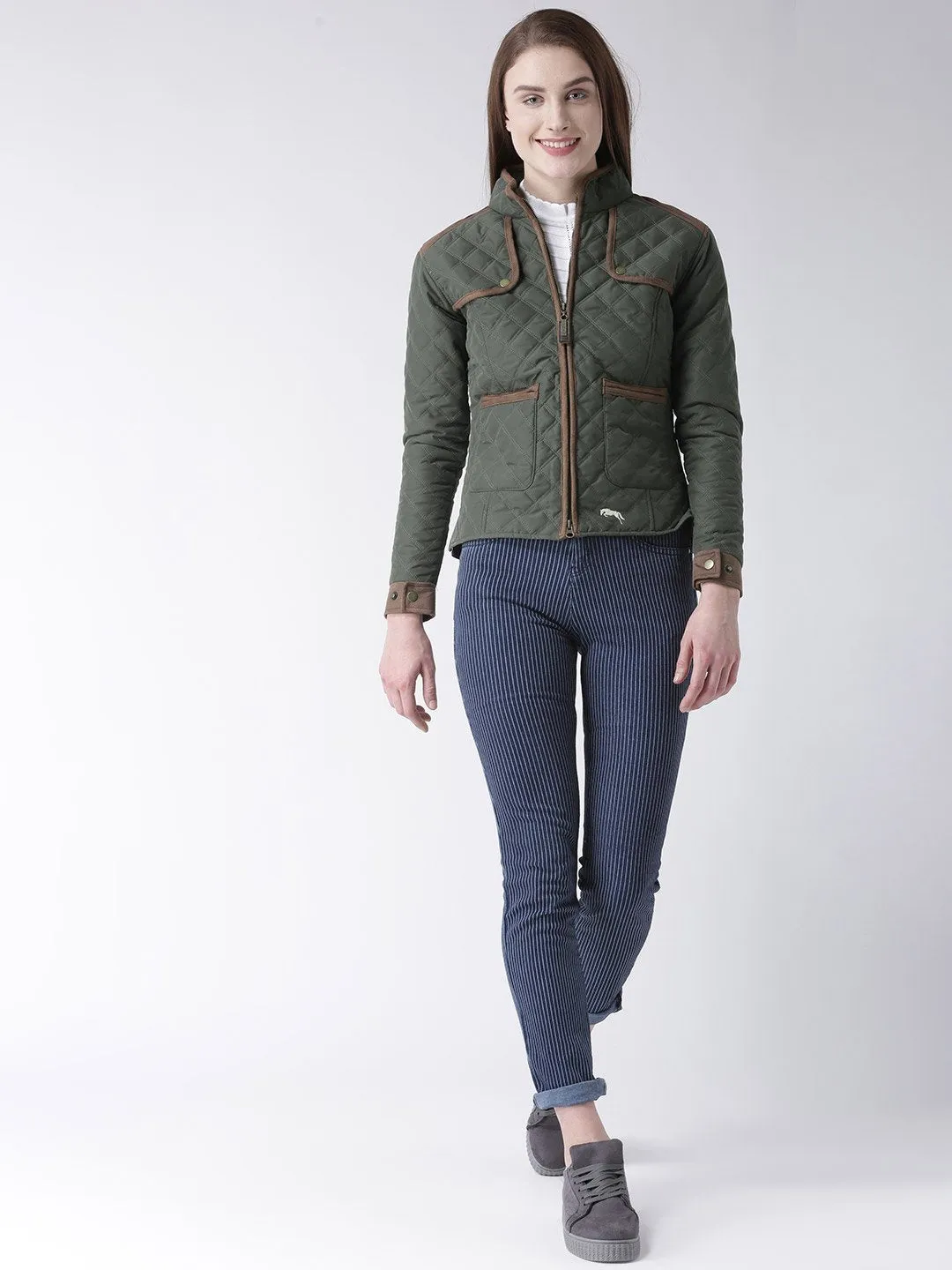 Women Polyster Casual Long Sleeve  Green Winter Jacket