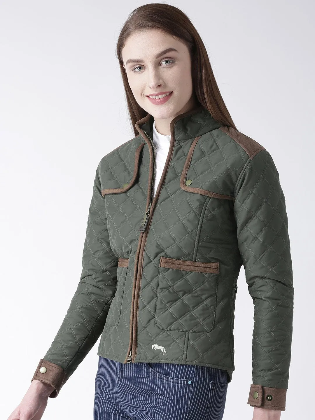 Women Polyster Casual Long Sleeve  Green Winter Jacket