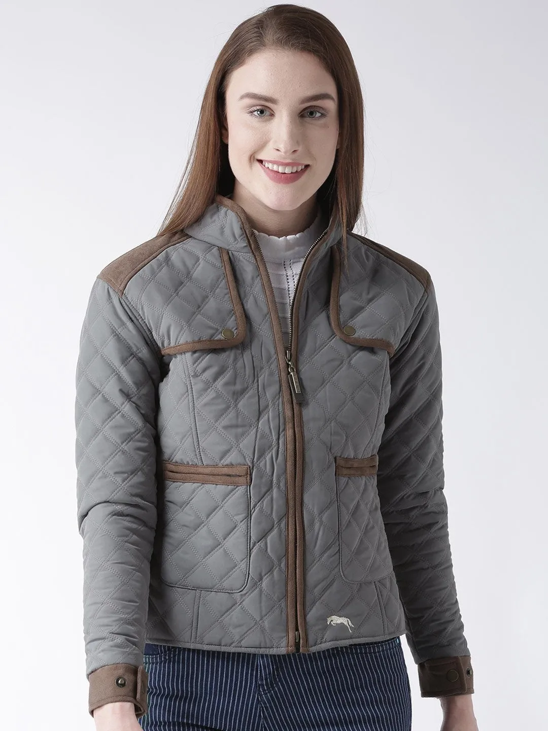 Women Polyster Casual Long Sleeve  Grey Winter Jacket