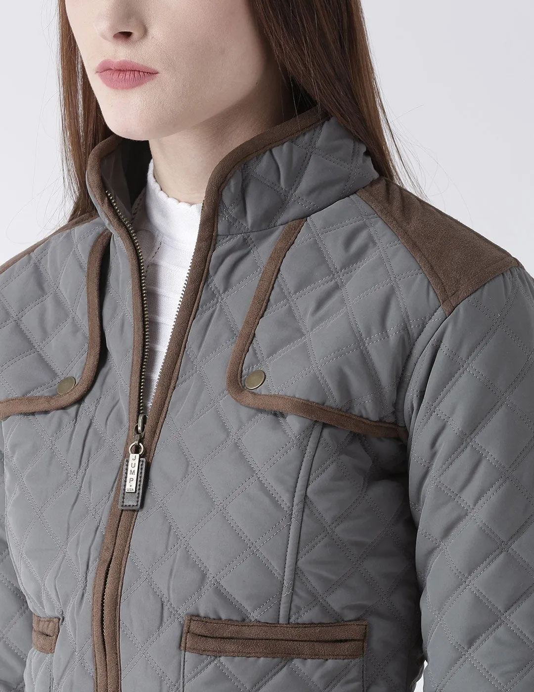 Women Polyster Casual Long Sleeve  Grey Winter Jacket