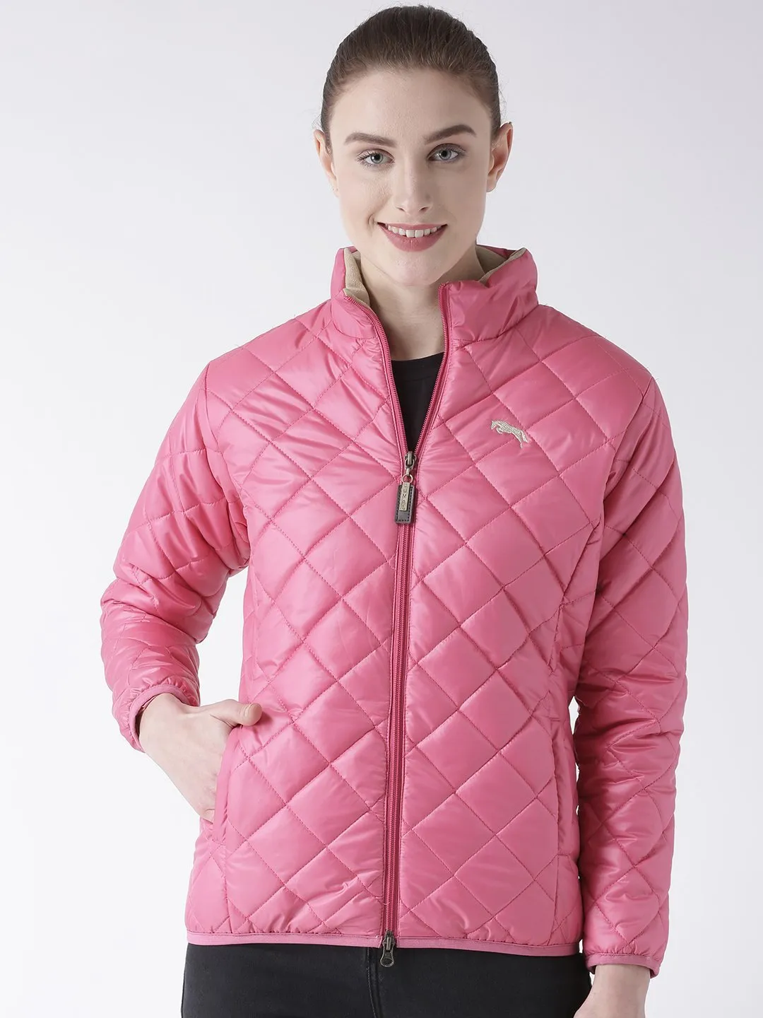 Women Polyster Casual Long Sleeve  Pink Winter Jacket