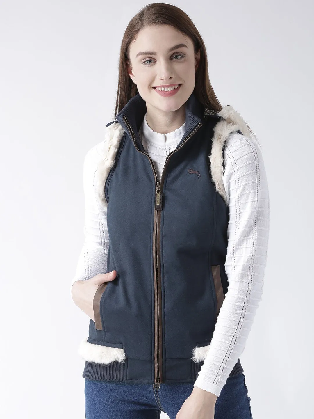 Women Polyster Casual Sleeveless  Navy Winter Jacket