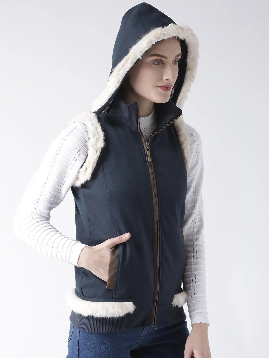 Women Polyster Casual Sleeveless  Navy Winter Jacket