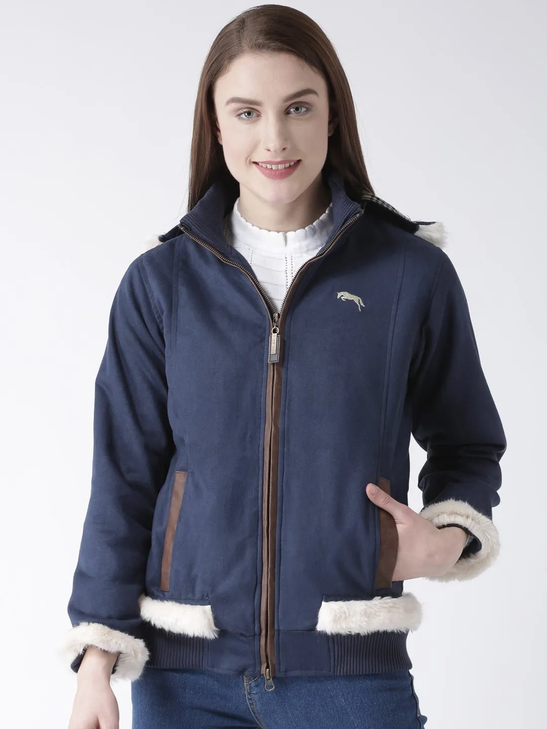 Women 's Polyster Casual Long Sleeve  Navy Winter Jacket