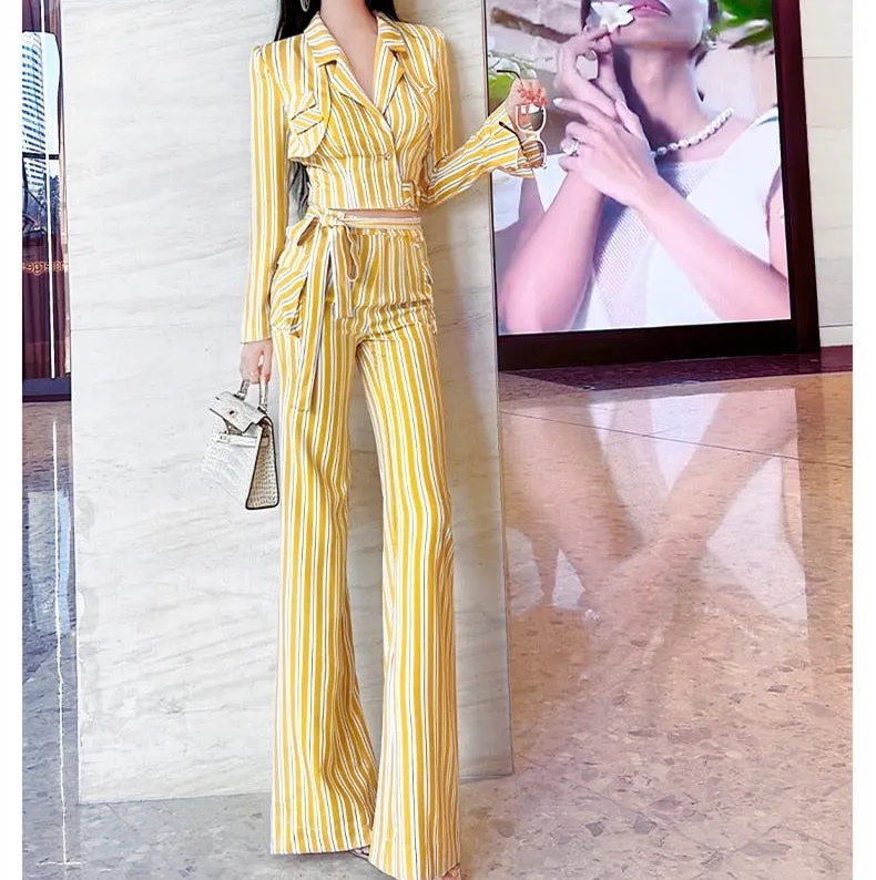 Women's Casual High Waist Long Sleeves Striped Pattern Two Piece Set