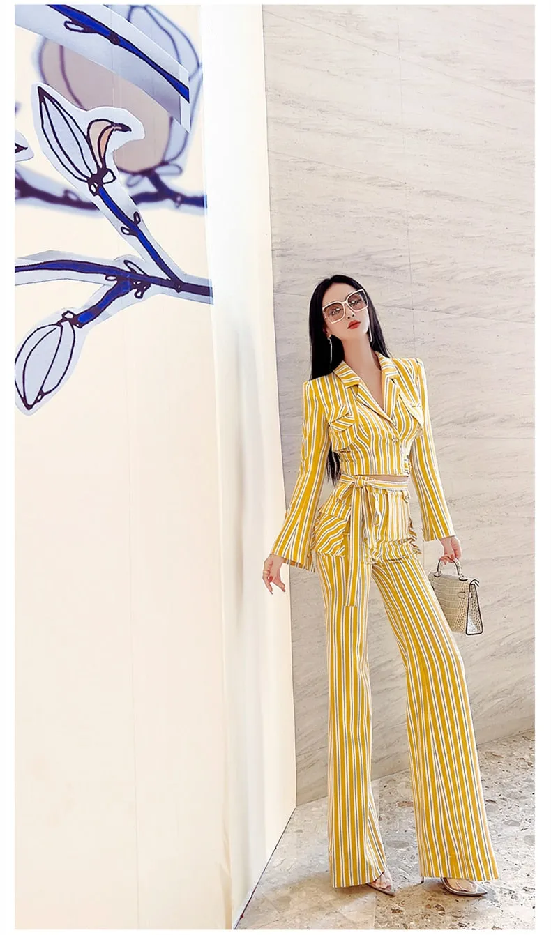 Women's Casual High Waist Long Sleeves Striped Pattern Two Piece Set