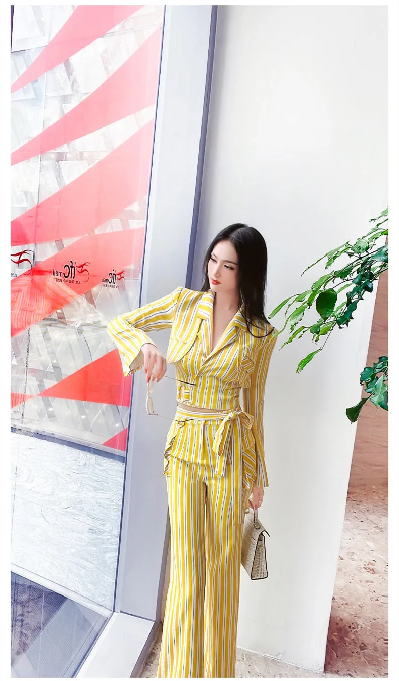 Women's Casual High Waist Long Sleeves Striped Pattern Two Piece Set