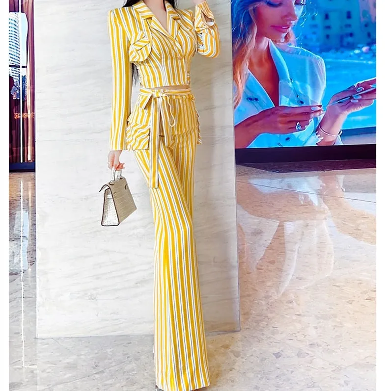 Women's Casual High Waist Long Sleeves Striped Pattern Two Piece Set