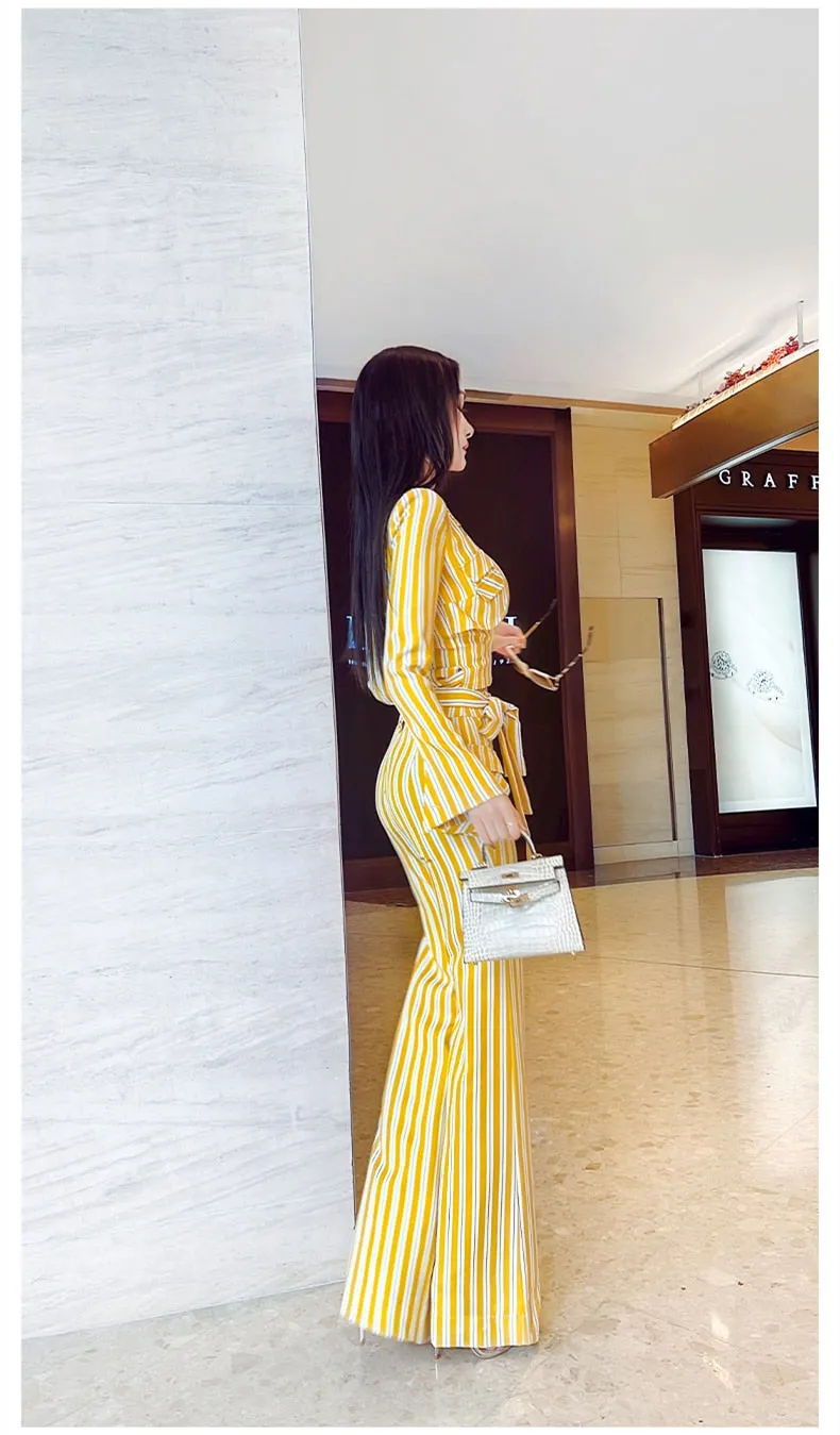 Women's Casual High Waist Long Sleeves Striped Pattern Two Piece Set