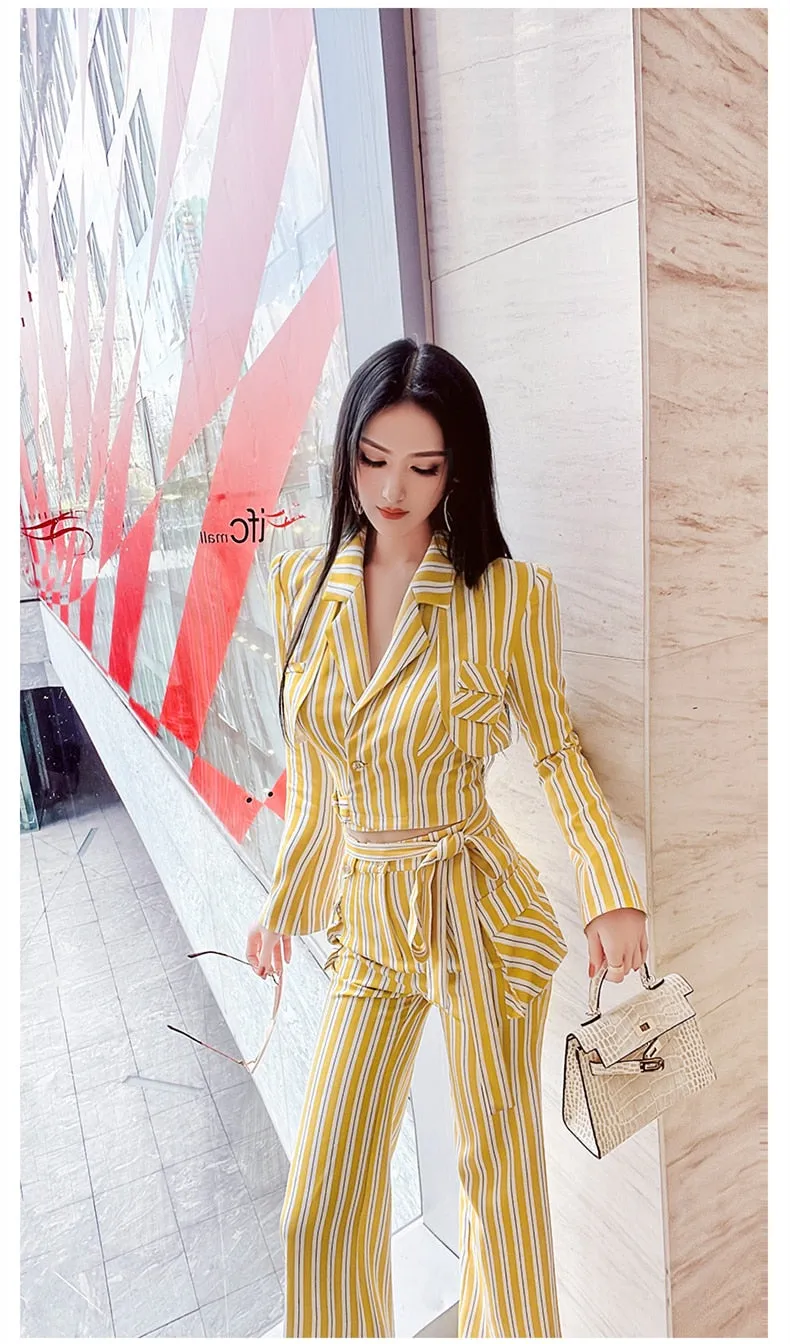 Women's Casual High Waist Long Sleeves Striped Pattern Two Piece Set