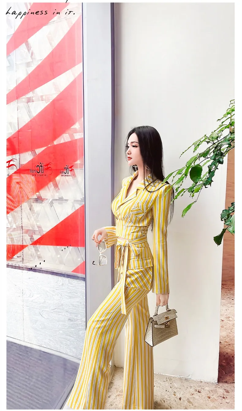 Women's Casual High Waist Long Sleeves Striped Pattern Two Piece Set