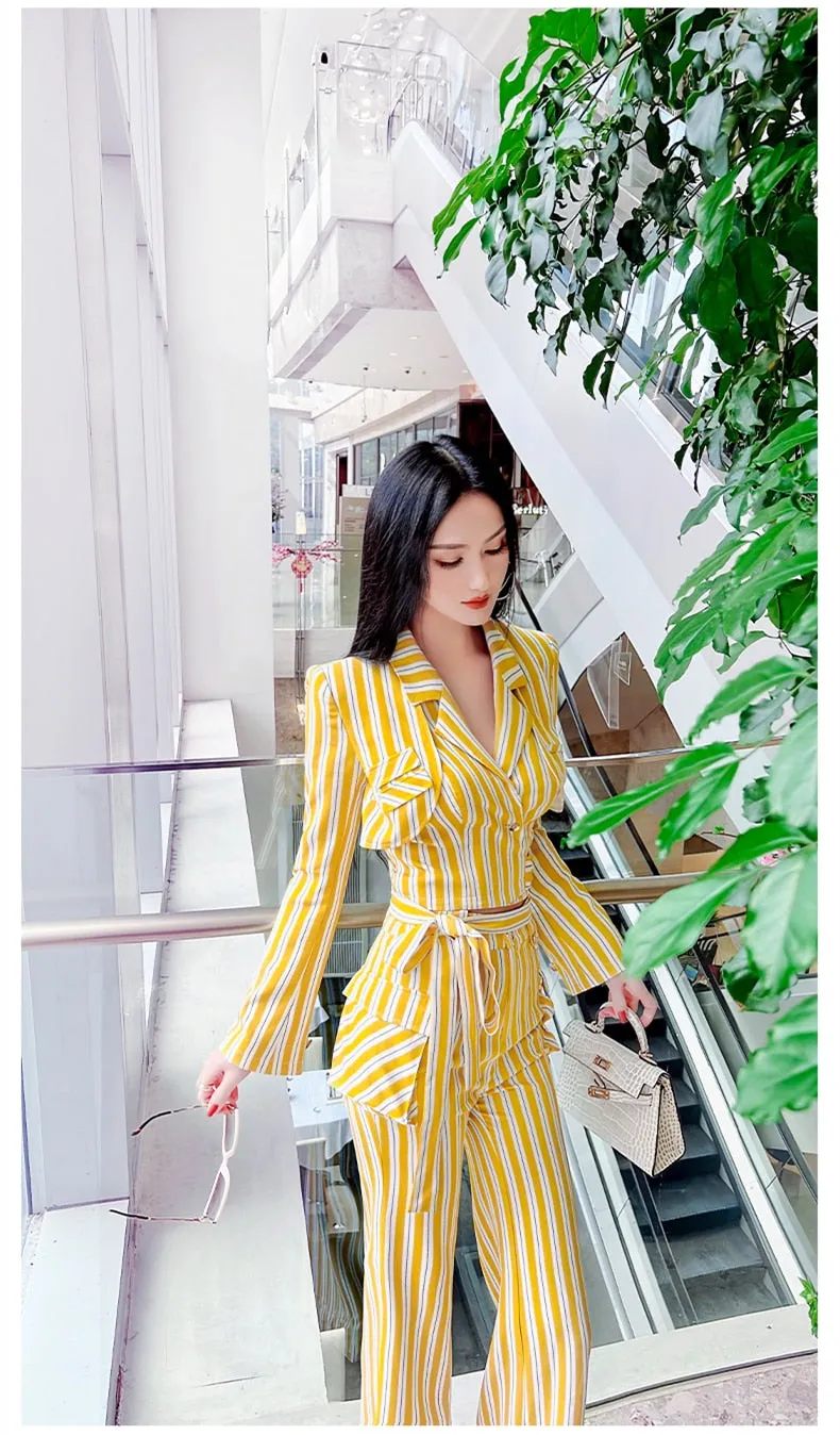 Women's Casual High Waist Long Sleeves Striped Pattern Two Piece Set