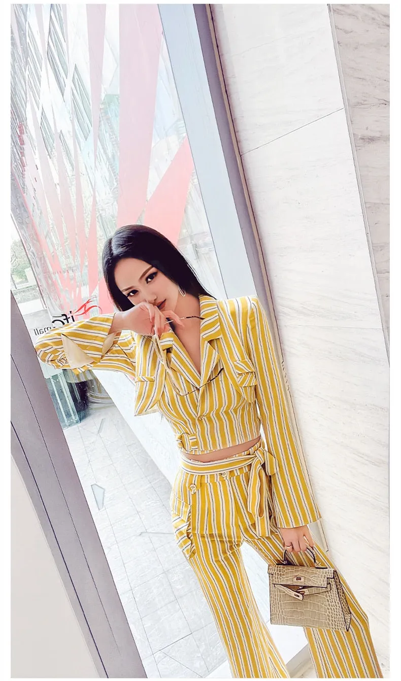 Women's Casual High Waist Long Sleeves Striped Pattern Two Piece Set