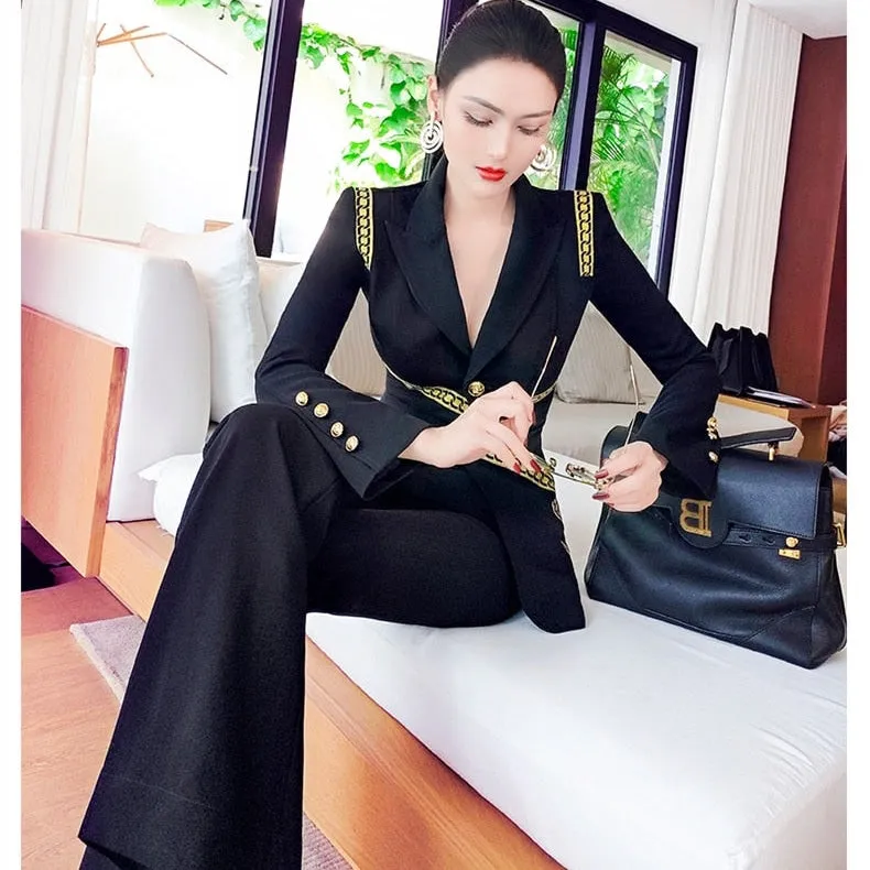 Women's Casual Patchwork V-Neck Long Sleeve Slim Two Piece Suit