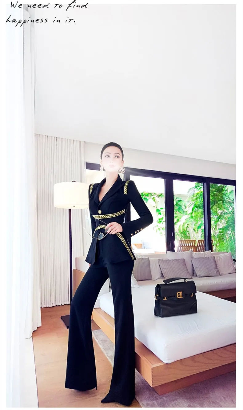 Women's Casual Patchwork V-Neck Long Sleeve Slim Two Piece Suit