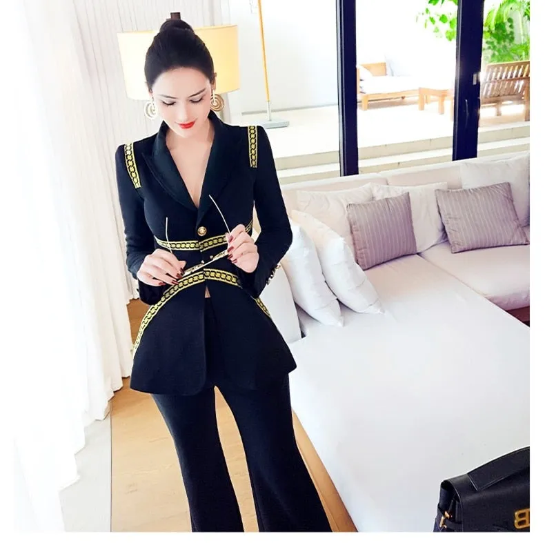 Women's Casual Patchwork V-Neck Long Sleeve Slim Two Piece Suit