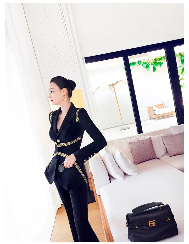 Women's Casual Patchwork V-Neck Long Sleeve Slim Two Piece Suit