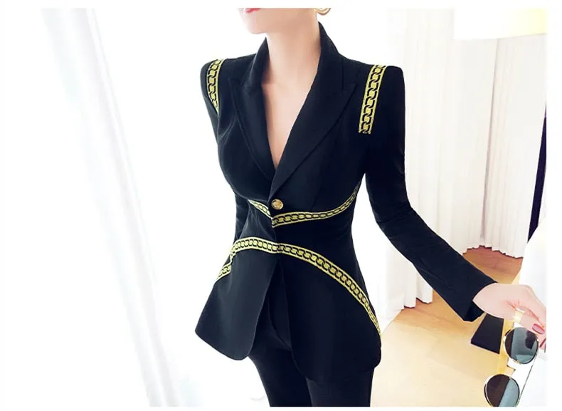 Women's Casual Patchwork V-Neck Long Sleeve Slim Two Piece Suit