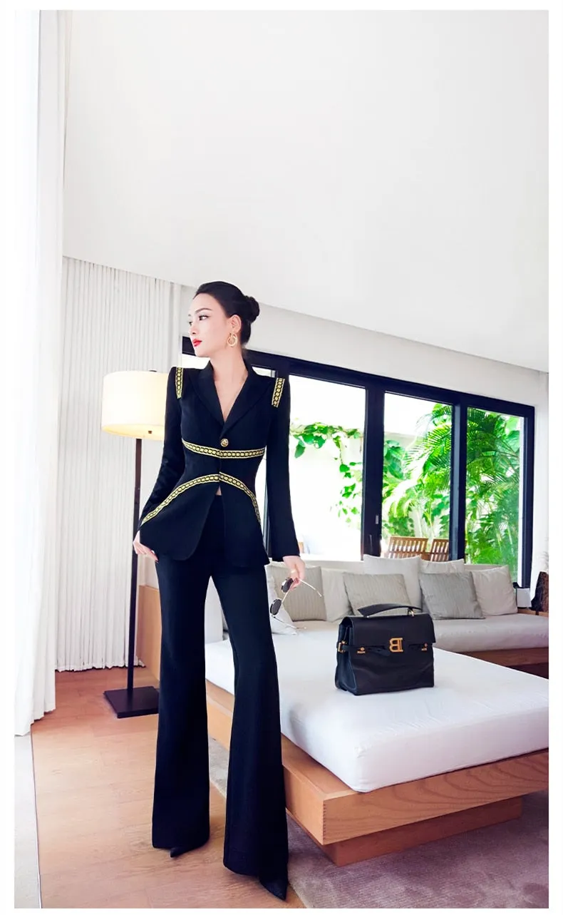 Women's Casual Patchwork V-Neck Long Sleeve Slim Two Piece Suit