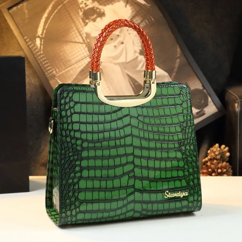 Women's Crocodile Pattern Embossing Portable Top Handle Handbag