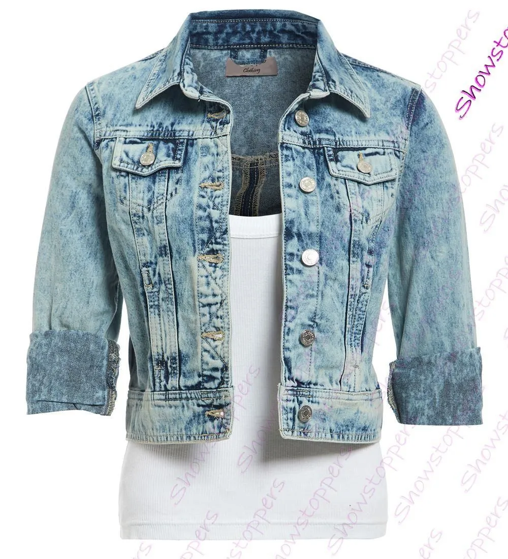 Womens Distressed Denim Jacket Ladies Blue Jean Jackets Size 8 10 12 14 16