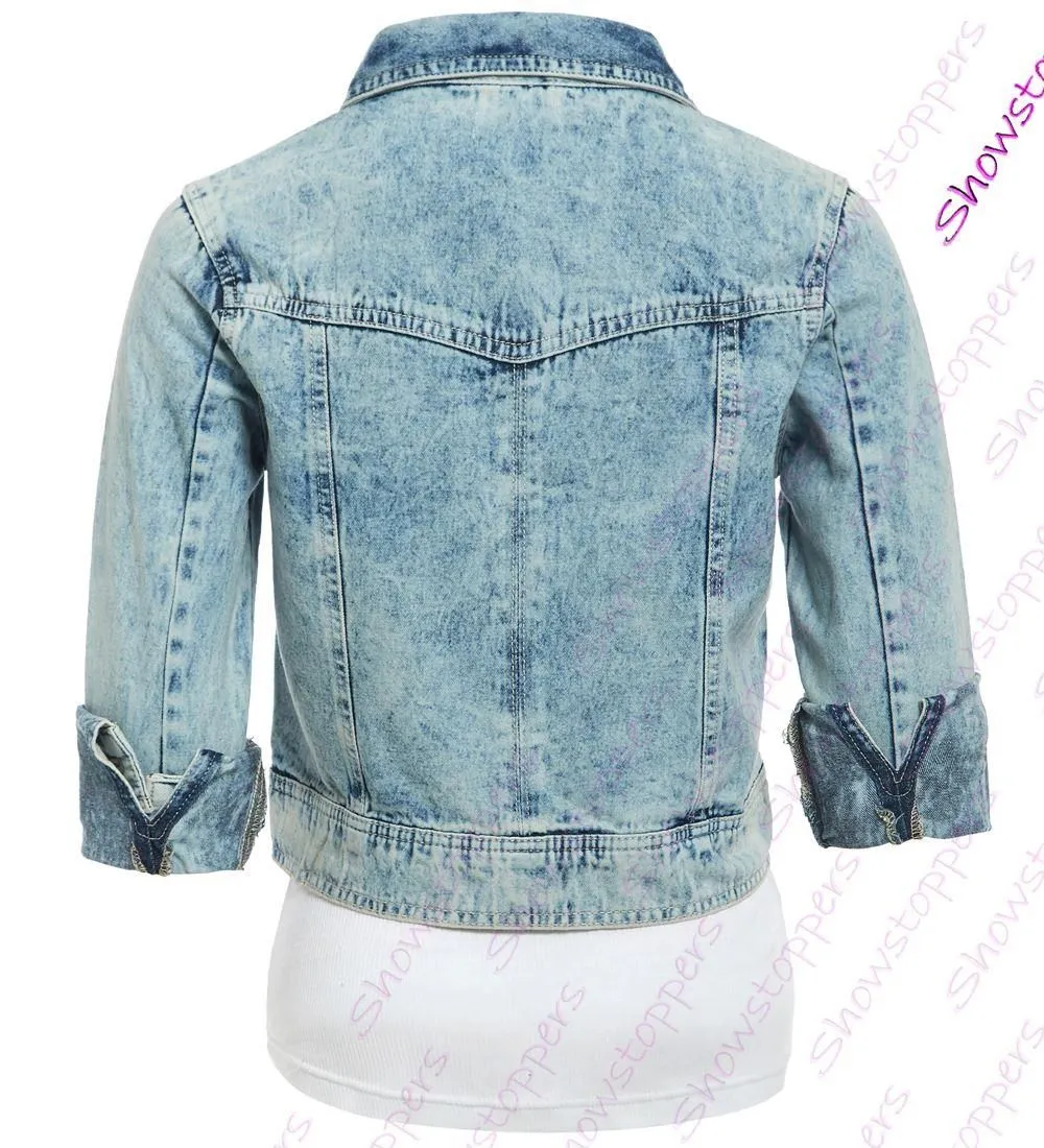 Womens Distressed Denim Jacket Ladies Blue Jean Jackets Size 8 10 12 14 16