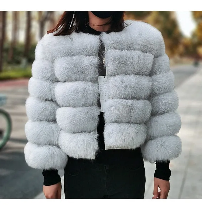 Women's Luxury Winter Natural White Fox Raccoon Fur Leather Jacket