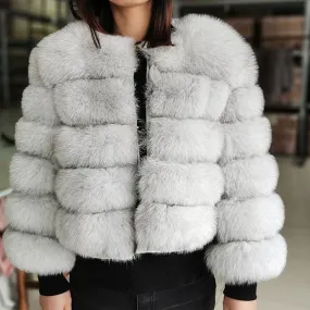 Women's Luxury Winter Natural White Fox Raccoon Fur Leather Jacket