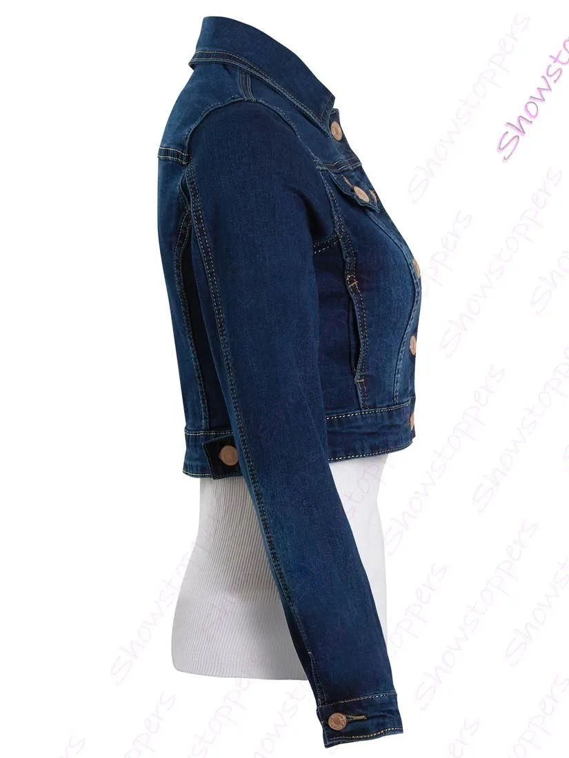 Womens Size 14 12 10 8 6 Stretch Fitted Denim Jacket Ladies Jean Crop Jackets Indigo