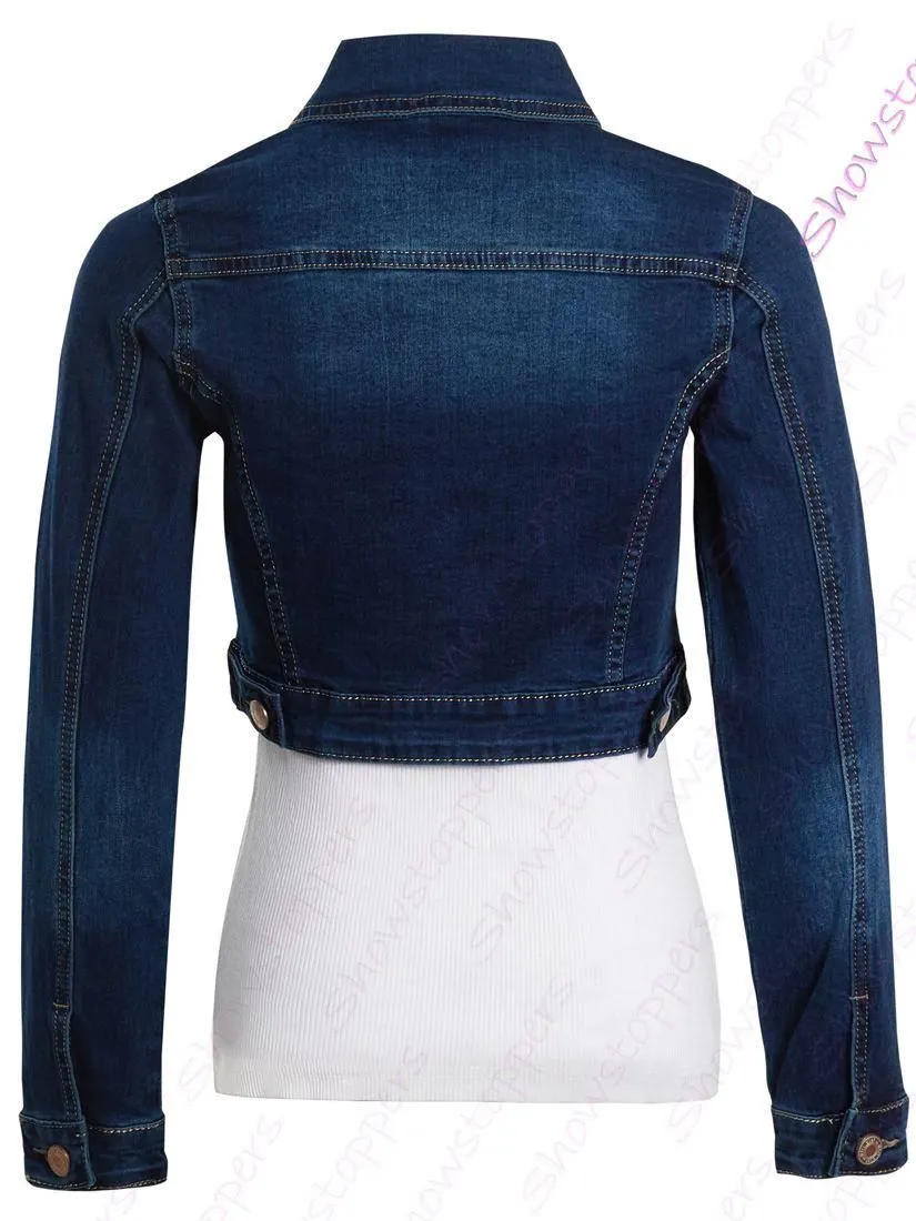 Womens Size 14 12 10 8 6 Stretch Fitted Denim Jacket Ladies Jean Crop Jackets Indigo