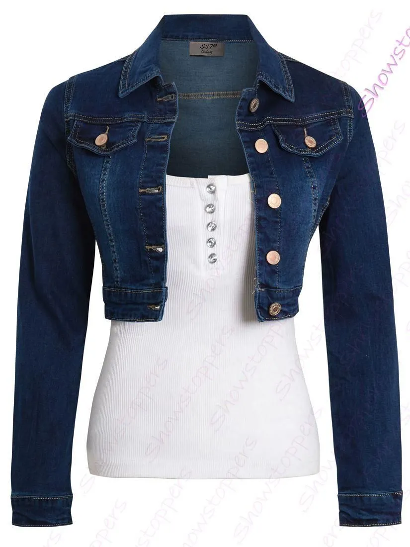 Womens Size 14 12 10 8 6 Stretch Fitted Denim Jacket Ladies Jean Crop Jackets Indigo