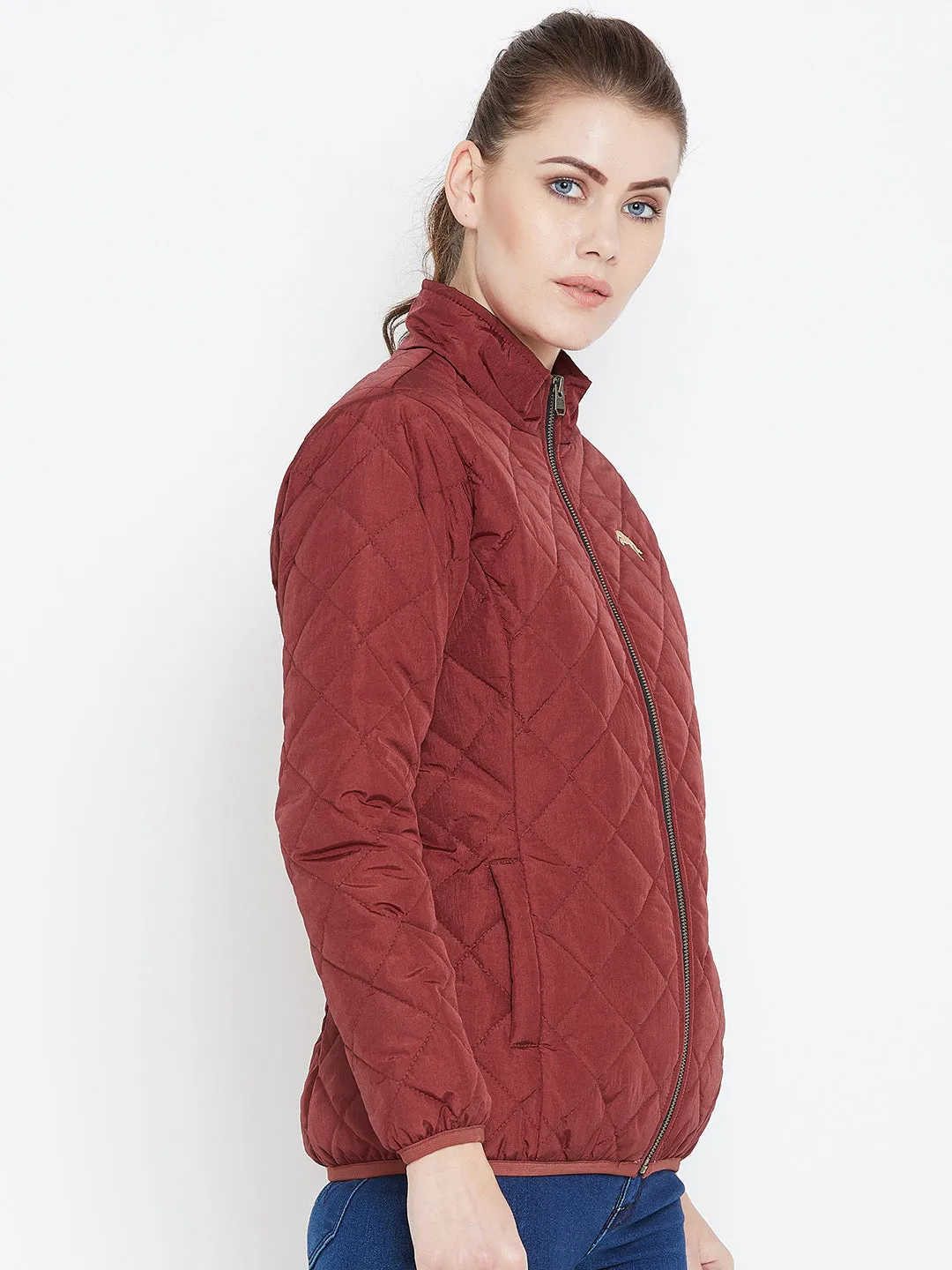 Womens Solid Ec Red Quilted Jacket