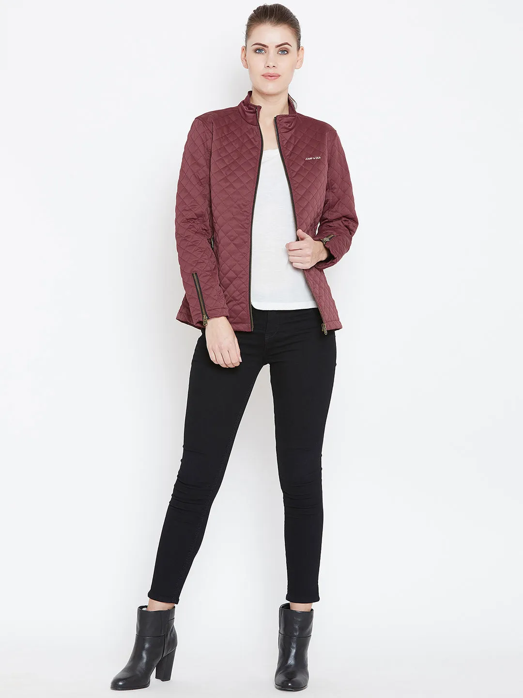 Womens Solid Wine Quilted Jacket