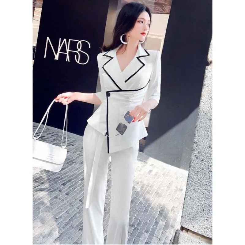 Women's Summer Solid High Waist Zipper Fly Thin Slim Two Piece Suit