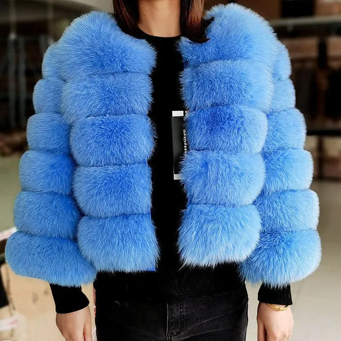 Women's Winter Luxury Sky Blue Natural Fox Raccoon Fur Jackets